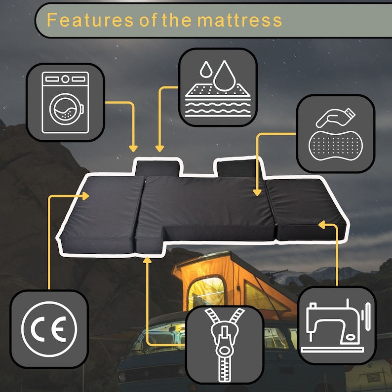 May include: A black, modular mattress with a zipper, a CE mark, and icons showing it is waterproof, washable, and easy to clean. The mattress is shown in a van with a pop-up roof.