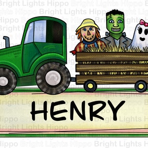 May include: A green toy tractor pulls a wagon with a scarecrow, Frankenstein, and a ghost inside. The wagon has a wooden frame and straw inside. The tractor has a name tag that says "HENRY".