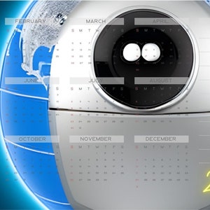 May include: A 2023 calendar with a globe design. The globe is blue and white and has a silver robot face in the center. The calendar is divided into 12 months, with each month having a separate section. The calendar is surrounded by a blue glow.