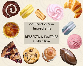 86 Desserts & Pastries - Food Illustrations - Instant Download - Recipe and Menu planning - Commercial Use