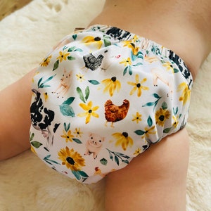 Reusable Nappy With Two Bamboo Inserts Cloth Nappy Baby Washable Cloth Diaper One Size Eco Friendly Pocket Nappy Farmyard Farm