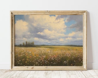 Vintage Flower Field Painting, Printable Wildflower Field,  Abstract Landscape Art, Landscape Oil Painting, Antique Landscape Painting