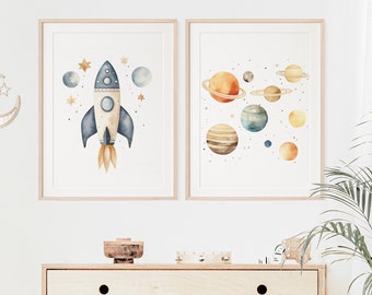 Space Nursery Wall Art Set, Space Nursery Print, Rocket Ship Wall Art Nursery Decor, Out Space Wall Art, Outter Space Nursery, Set of 2 Art