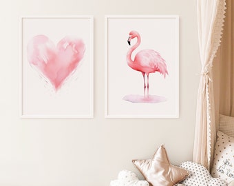 Flamingo Watercolor Nursery Wall Art Set of 2, Pink Nursery Print, Printable Nursery Set, Flamingo Girl Room Decor Digital Download Set of 2