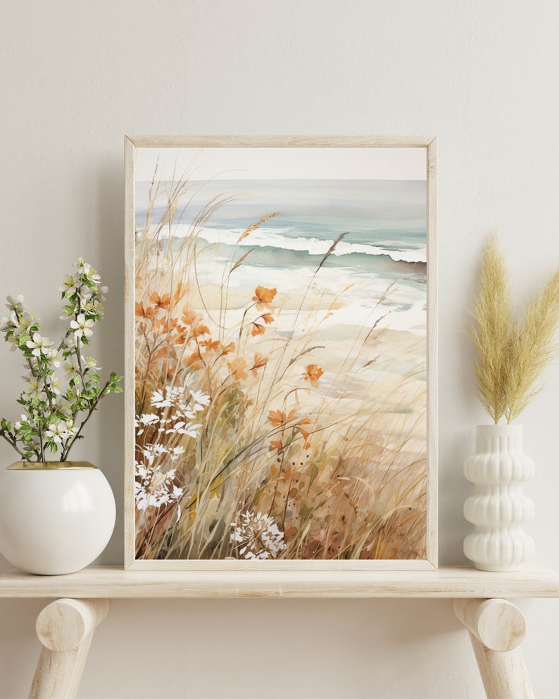 Muted Beach Print, Beach Flowers Wall Print, Neutral Beach Print, Printable Coastal Wall Decor, Calm Beach Print, Beach Print Download image 4