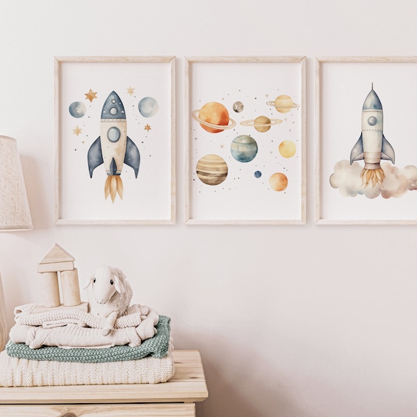 Space Nursery Wall Art, Space Nursery Print, Boy Nursery Decor, Set of Three Nursery Art, Nursery Art Space, Space Wall Art Nursery