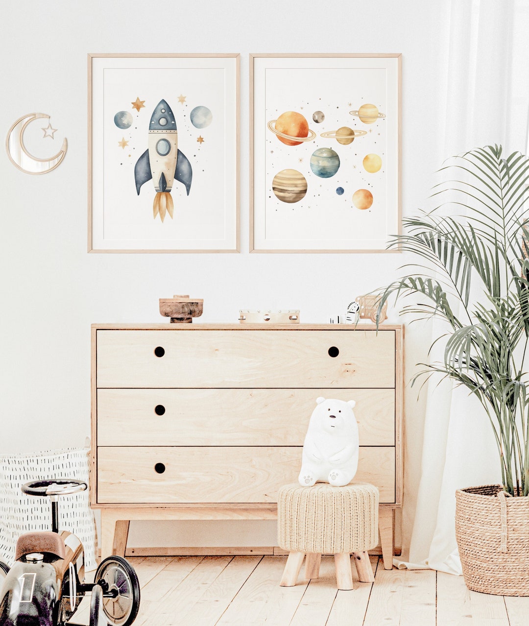 Space Nursery Wall Art Set, Space Nursery Print, Rocket Ship Wall Art