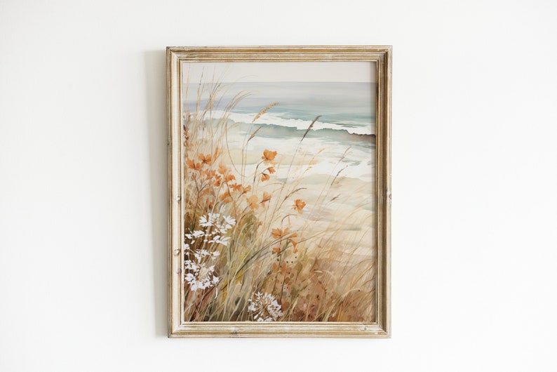 Muted Beach Print, Beach Flowers Wall Print, Neutral Beach Print, Printable Coastal Wall Decor, Calm Beach Print, Beach Print Download image 1