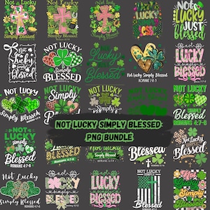 Puede incluir: Un conjunto de gráficos PNG con temática del Día de San Patricio. Los diseños incluyen cruces, tréboles y corazones con las frases "Not Lucky Simply Blessed" y "Simply Blessed" en varias fuentes y colores. Ideal para manualidades digitales.