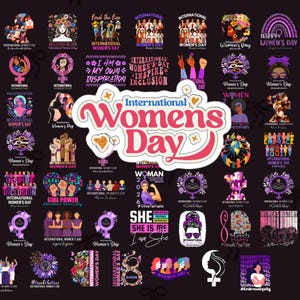 Pode incluir: Uma coleção de gráficos do Dia Internacional da Mulher em roxo, rosa e branco. Os designs incluem arranjos florais, silhuetas e frases inspiradoras como "Girl Power" e "Inspire Inclusion". O design central apresenta as palavras "International Women's Day".