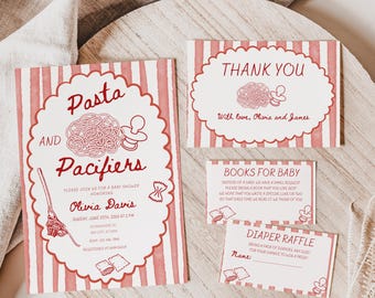 Invitation pour baby shower italienne sur le thème des pâtes et des tétines, modèle d'invitation rouge modifiable « Ciao », livraison spéciale BS77