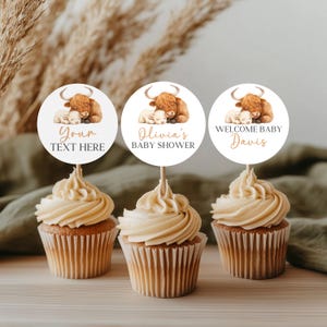 Holy Cow Baby Shower Cupcake Toppers, Editable Boho Highland Cow Baby Shower Party Decor, Neutral Highland Cow Shower Cupcake Toppers BS87