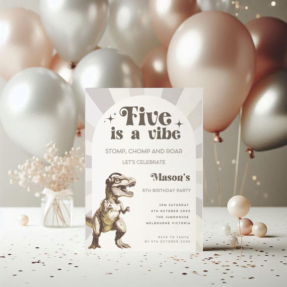 Dinosaur Birthday Invitation Five, Editable Boy 5th Birthday Dinosaur Invitation Canva Template, T-Rex Boy Girls 5th Birthday Invite BS154