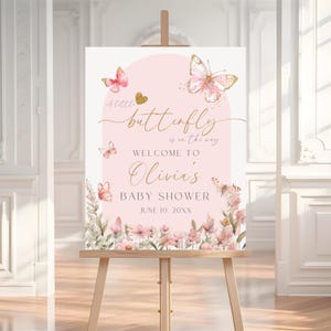 Uma pequena borboleta está a caminho Placa de boas-vindas para chá de bebê, Placa de boas-vindas para chá de bebê com borboleta rosa, Decoração para chá de bebê com borboleta BS9