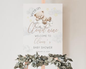 Cloud 9 Baby Shower Welcome Sign, Editable Cloud Nine Teddy Bear Welcome Sign Canva Template, Neutral We're On Cloud 9 Baby Shower Sign BS65
