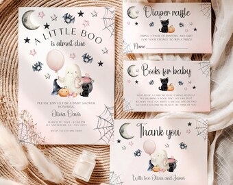 A Little Boo Baby Shower Invitation Bundle, Pink Halloween Ghost Girl Baby Shower Invitation Set, Halloween Baby Shower Invite Template BS29