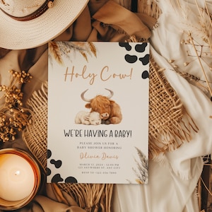 Faire-part de shower de bébé vache Highland, ensemble d&#39;Invitation de shower de bébé garçon sur le thème de la vache sacrée, invitation de shower de bébé neutre Boho vache des Highlands pampas BS87