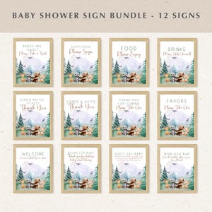 Adventure Begin Woodland Baby Shower Table Sign Bundle, Set di cartelli da tavolo per cibo e bevande per baby shower con animali della foresta, montagna BS3