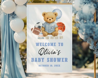 Baby Shower Welcome Sign Sports Boy, Editable Football Baseball All Star Teddy Bear Baby Shower Welcome Sign Template Party Decor BS229