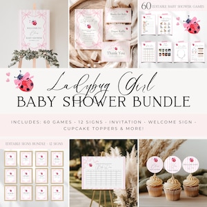 Puede incluir: Un paquete digital para baby shower con gráficos de mariquitas, lazos rosas y patrones de rayas. Incluye 60 juegos editables, 12 letreros, invitaciones, un letrero de bienvenida y adornos para cupcakes con texto como Welcome to Baby Shower.