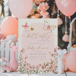 Butterfly Baby Shower Invitation, Pink Butterfly Baby Shower Invitation Template, Girl Baby Shower Invite Pink Butterflies & Flowers BS9