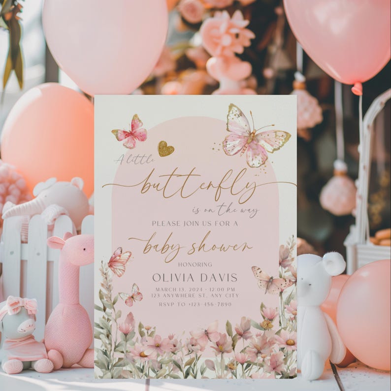 Butterfly Baby Shower Invitation, Pink Butterfly Baby Shower Invitation Template, Girl Baby Shower Invite Pink Butterflies & Flowers BS9