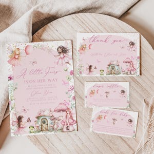 Fairy Baby Shower Invitation Girl Bundle, Pink Editable Fairy Baby Shower Invite Canva Template Set, Floral Enchanted Forest Invite BS113