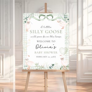Letrero de bienvenida para baby shower de ganso verde, plantilla editable de ganso primaveral de género neutro, decoración de baby shower de ganso a cuadros BS173