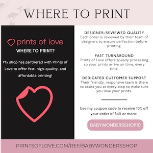 The image is a promotional poster for a print shop called "prints of love", which offers fast turnaround and dedicated customer support. The poster highlights the shop's partnership with Prints of Love, a company that specializes in high-quality and affordable printing. It also mentions a 10% discount for customers who use a specific coupon code to receive a discount on their order. The shop's website, "printsoflove.com/REF/BABYWONDRESHOP", is also mentioned.
