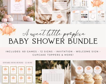 May include: A digital baby shower bundle featuring a pumpkin theme with soft orange and pink watercolor illustrations. The set includes 60 editable games, 12 signs, invitations, welcome signs, and cupcake toppers with text reading A sweet little pumpkin.