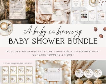 A Baby Is Brewing Coffee Baby Shower Bundle, Gender Neutral Coffee Bean Baby Shower Template Bundle,  Coffee Theme Shower Invite Bundle BS58