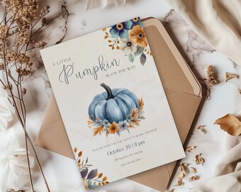 Wenig Kürbis-Babyparty-Einladung, niedlichen Blauen Floral Gender Neutral Kürbis-Thema-Babyparty-Einladungs-Einladungs-Vorlage Herbst Herbst einladen BS18