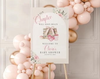 Storybook Baby Shower Welcome Sign, A New Chapter Storybook Book Baby Shower Welcome Sign, Girl Pink Book Themed Baby Shower Sign Decor BS69