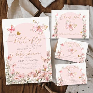 Schmetterling-Babyparty-Einladungs-Paket, rosa Schmetterling-Babyparty-Einladungsvorlagen-Set, rosa Mädchen-Babyparty-Schmetterlinge und Blumen BS9