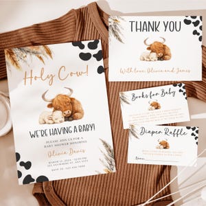 Bundle d&#39;Invitation pour baby shower vache Highland, ensemble d&#39;Invitation pour baby shower garçon sur le thème de la vache sacrée, invitation pour baby shower bohème vache Highland pampas BS87