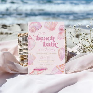 A Little Beach Babe Baby Shower Invitation, Editable Pink Shell Baby Shower Invitation Template, Boho Summer Beach Baby Shower Invite BS178