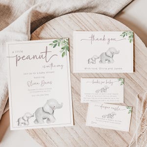 Ensemble d'invitations numériques pour baby shower Little Peanut, modèle Canva modifiable d'invitation pour baby shower bébé éléphant, Little Peanut Shower BS209
