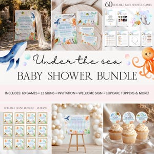 Under The Sea Baby Shower Bundle, Editable Nautical Ocean Sea Baby Shower Games Signs Invite Bundle, Boy Girl Under The Sea Bundle BS134