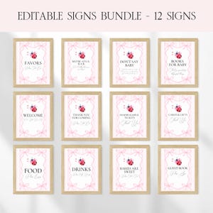 Peut inclure: Ensemble de douze panneaux encadrés sur le thème d'une baby shower. Chaque panneau présente un fond à rayures roses et blanches, un motif de coccinelle et du texte tel que "Favors", "Welcome" et "Food". Les panneaux sont dans des cadres en bois.