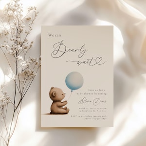 We Can Bearly Wait Baby Shower Invitation Canva Template, Blue Balloon Boho Teddy Bear Invite, Editable Boy Bear Baby Shower Invitation BS23