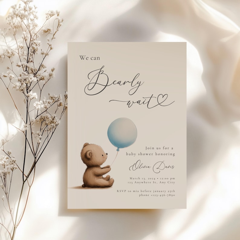 We Can Bearly Wait Baby Shower Invitation Canva Template, Blue Balloon Boho Teddy Bear Invite, Editable Boy Bear Baby Shower Invitation BS23