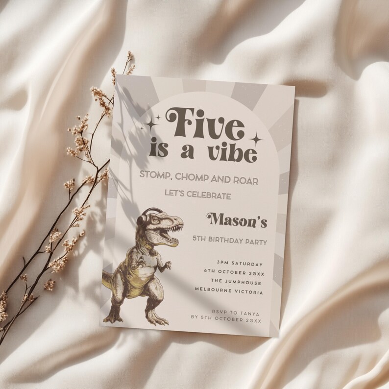 Dinosaur Birthday Invitation Five, Editable Boy 5th Birthday Dinosaur Invitation Canva Template, T-Rex Boy Girls 5th Birthday Invite BS154