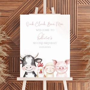 Panneau de bienvenue d'anniversaire Oink Cluck Baa Moo, animaux de la ferme modifiables garçon anniversaire panneau de bienvenue modèle de toile, affiche d'anniversaire de ferme fille BS222