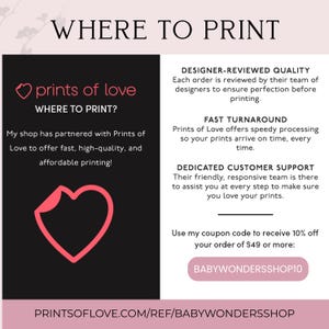 The image is a promotional poster for a print shop called "prints of love", which offers fast turnaround and dedicated customer support. The poster highlights the shop's partnership with Prints of Love, which offers fast turnaround and high-quality printing. It also mentions that the shop uses a 10% off coupon code to receive a discount on orders of $49 or more. The shop's website, "printsoflove.com/REF/BABYWONDERSSHOP", is also mentioned.