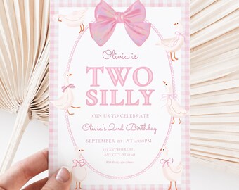 Two Silly Girl Birthday Invitation, Editable Goose Party Invite, Printable 2nd Birthday Template, Fun Design BS163