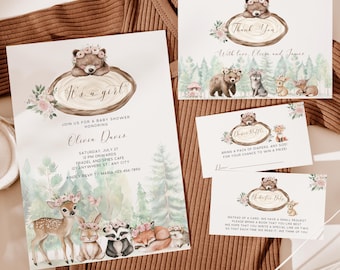 Woodland Baby Shower Invitation For Girls, Editable Pink Floral Woodland Animals Baby Shower Invitation Bundle, Forest Animals Invite BS194
