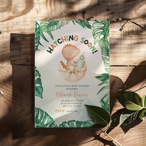 Hatching Soon Dino Baby Shower Invitation, Editable Baby Dinosaur Baby Shower Invitation Canva Template, Boy Dino Baby Shower Invite BS88