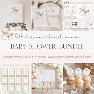 Cloud Nine Baby Shower Bundle, Editable Gender Neutral We&#39;re On Cloud 9 Baby Shower Invite Games Bundle, Cloud Teddy Bear Baby Shower BS65