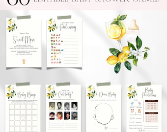 Mediterranean Lemon Baby Shower Games Bundle, Italian Citrus Baby Shower Activity Games, Positano Lemon Baby Shower Bingo Games Bundle BS141