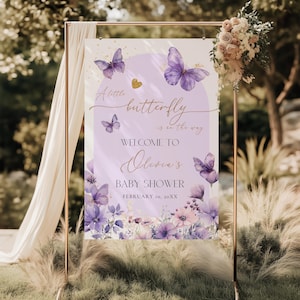Purple Butterfly Baby Shower Welcome Sign, Editable Purple Butterfly Girl Baby Shower Welcome Poster Template, Butterfly Shower Decor BS126 image 4